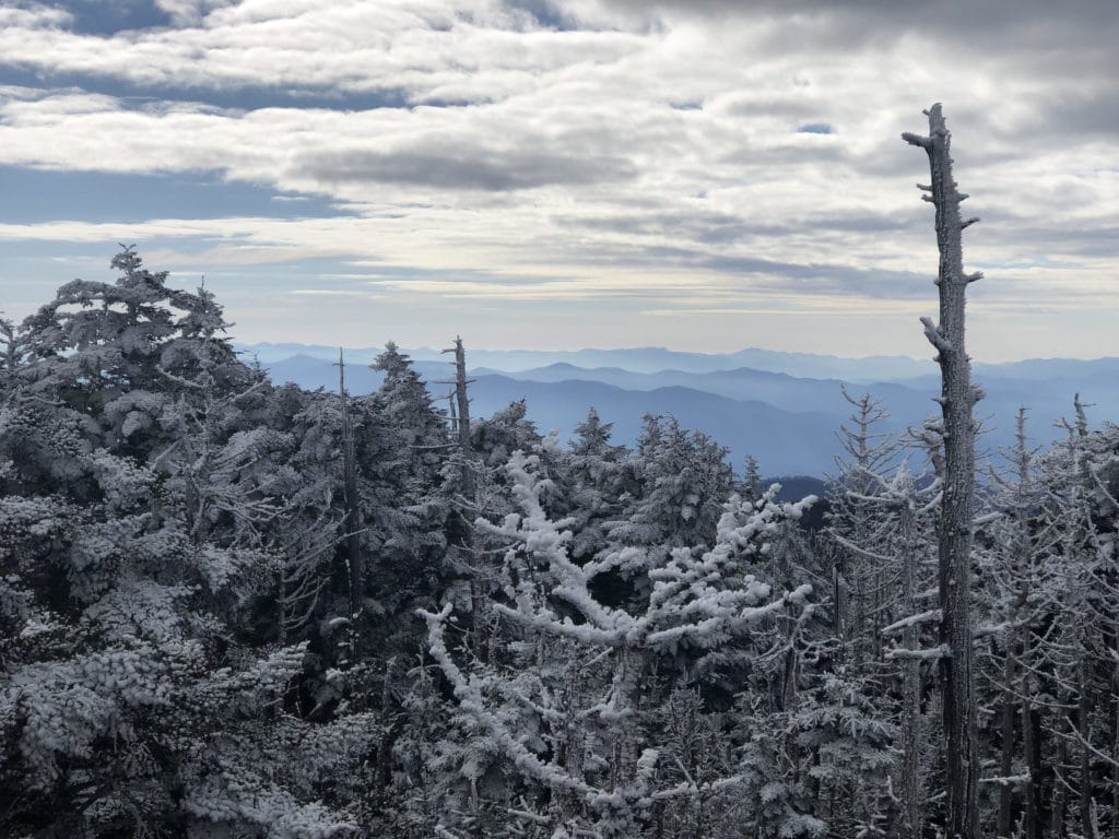 A view of snow covered trees with a cloudy sky along the Appalachian Trail