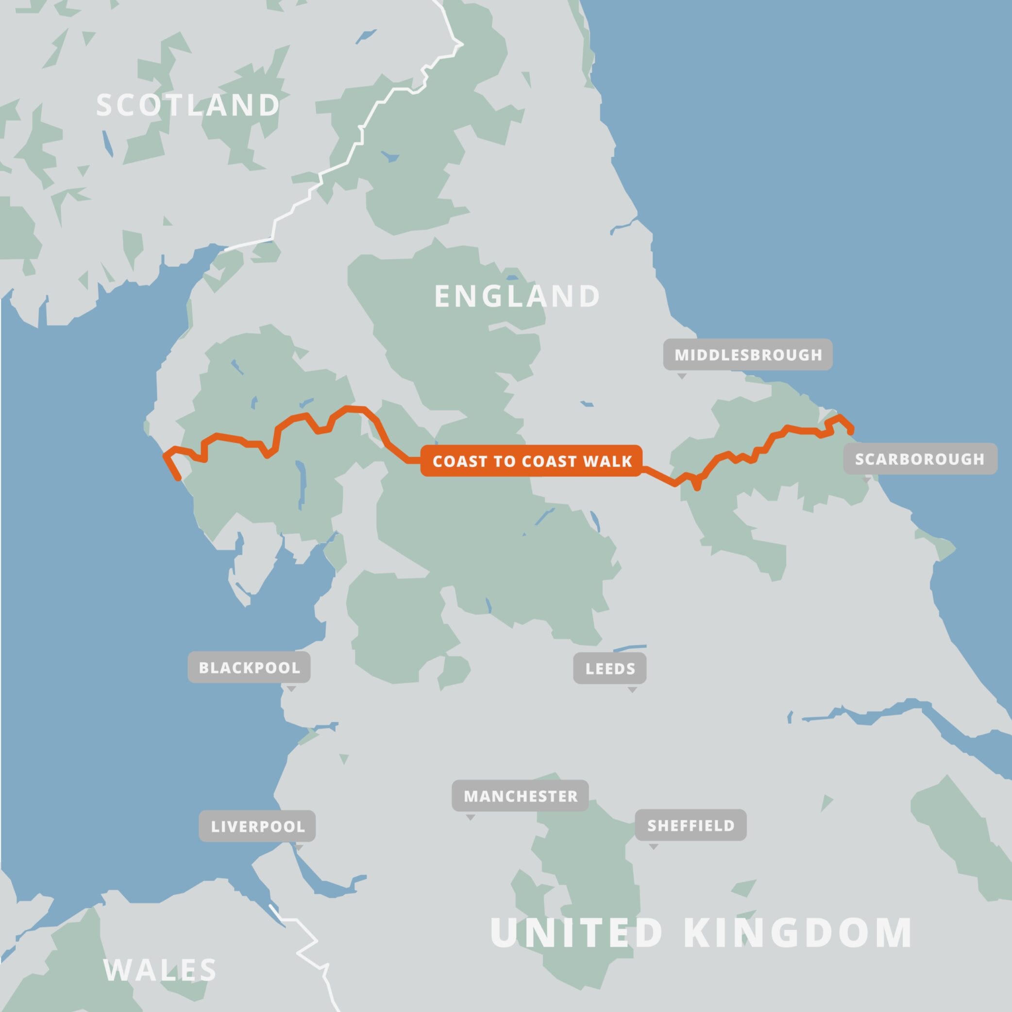 A map of the Coast to Coast Walk in Northern England
