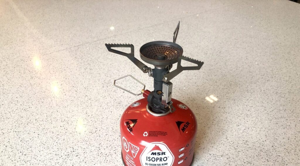 The MSR PocketRocket stove attached to a fuel canister.