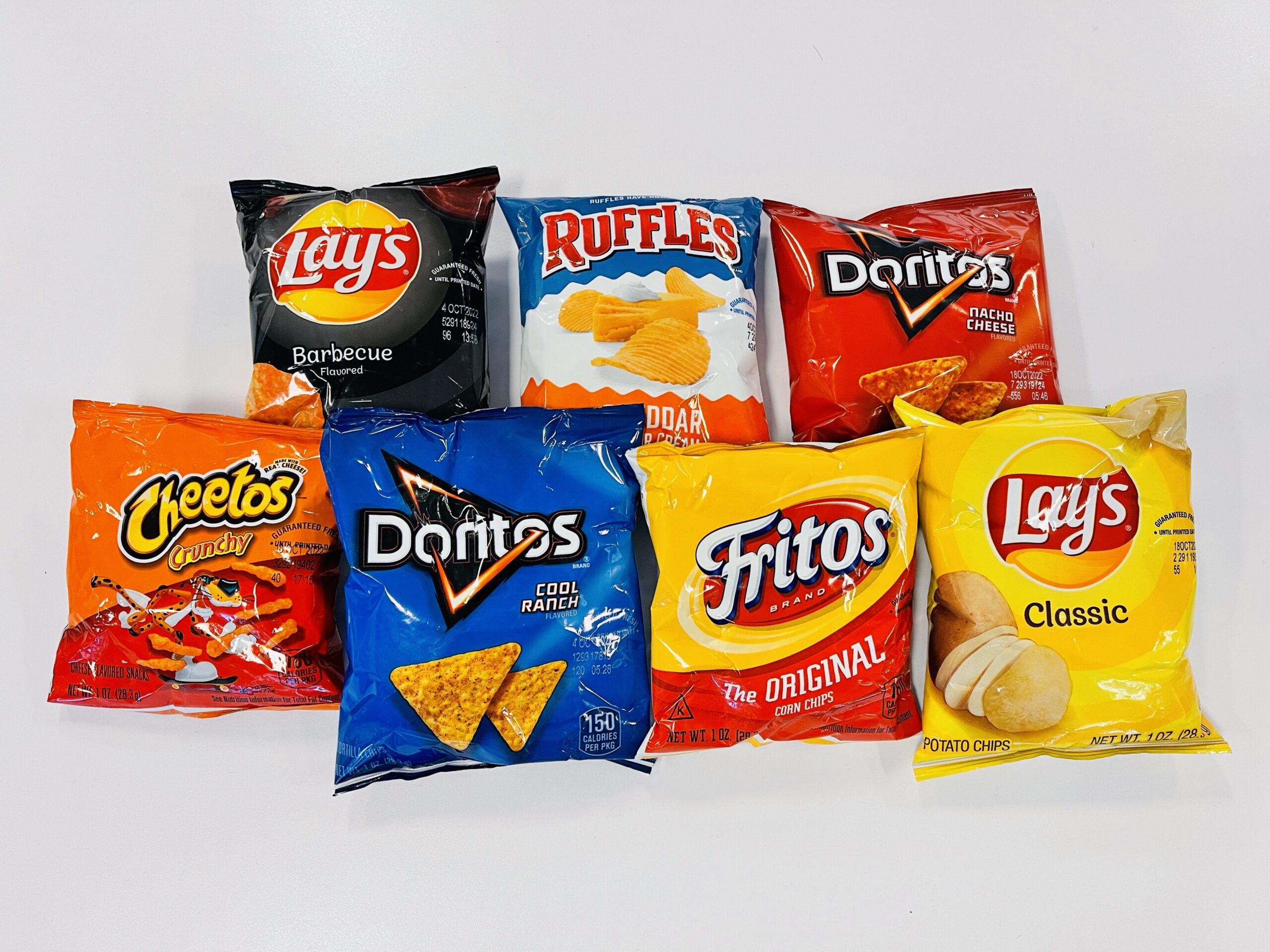 seven small chip bags next to each other