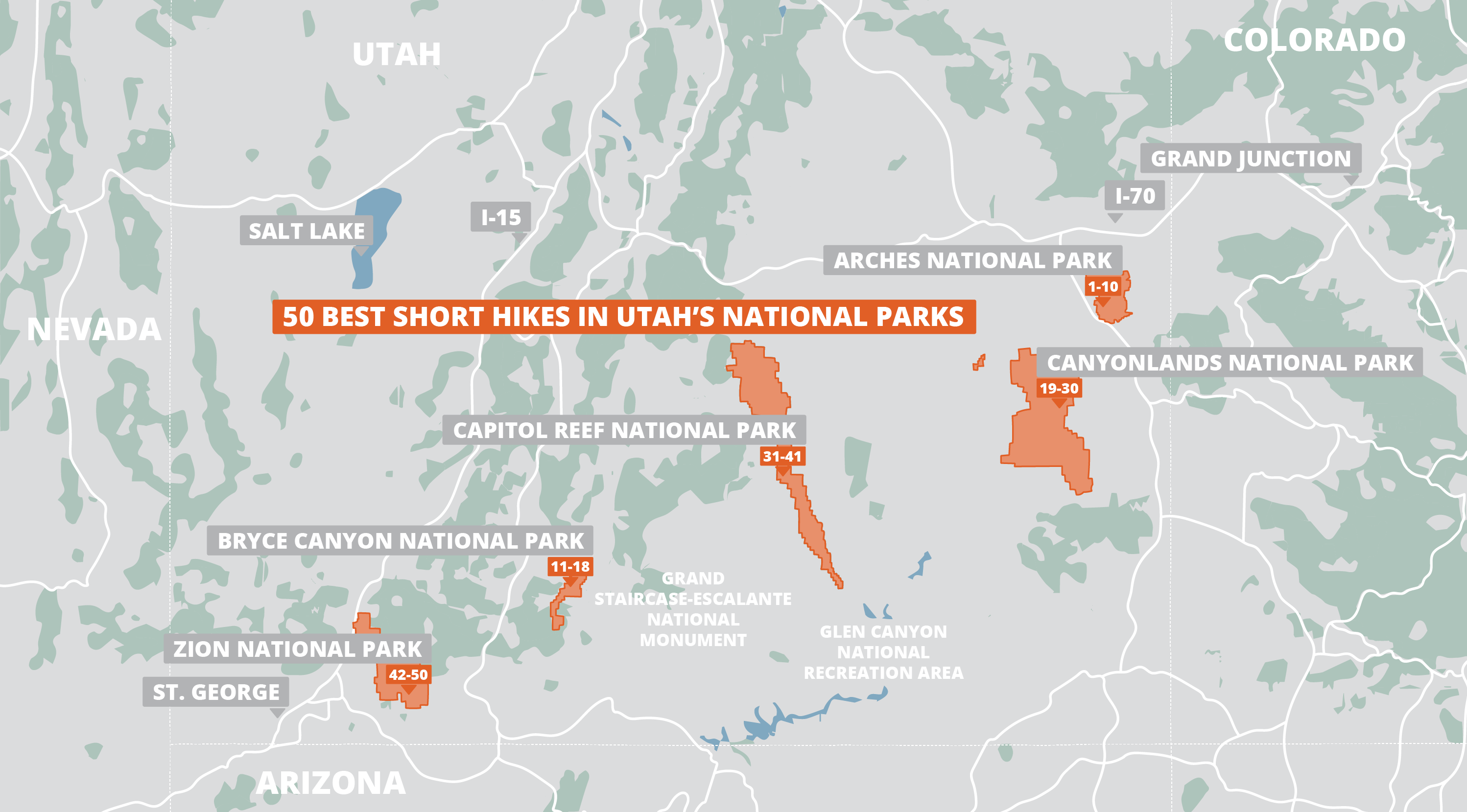 A FarOut map of the 50 Best Short Hikes in Utah's National Parks