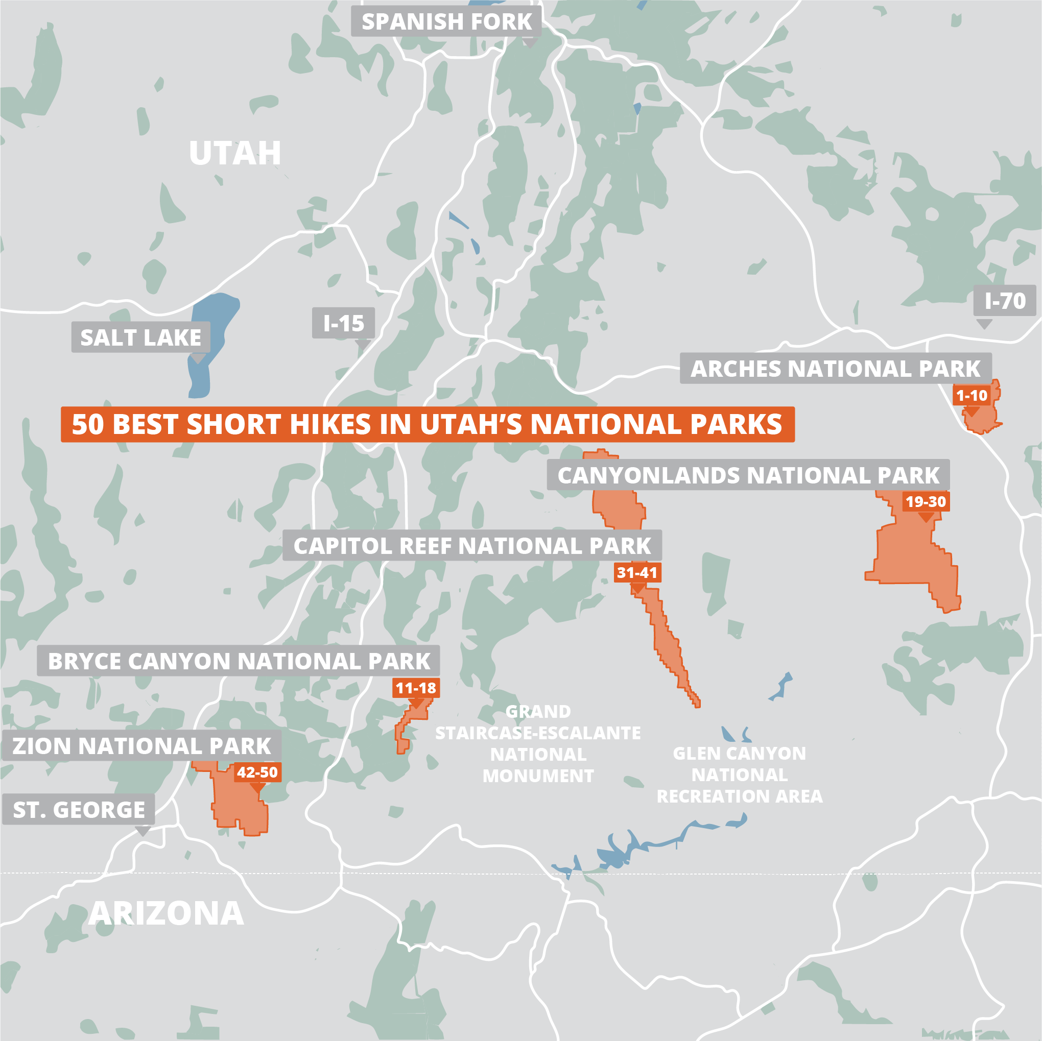 A FarOut map of the 50 Best Short Hikes in Utah's National Parks - square