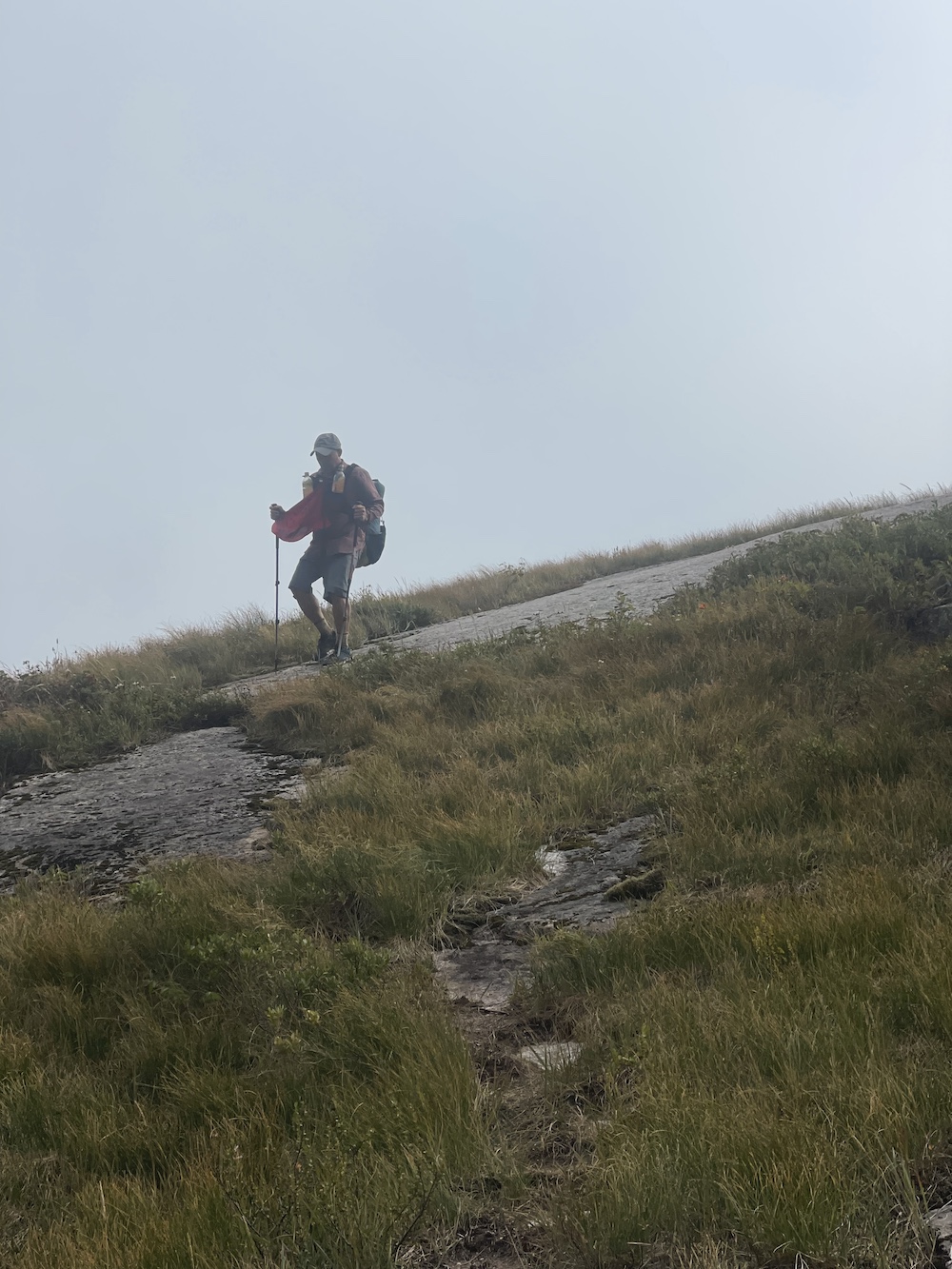 A hiker on a grassy hill in fog on the ECT