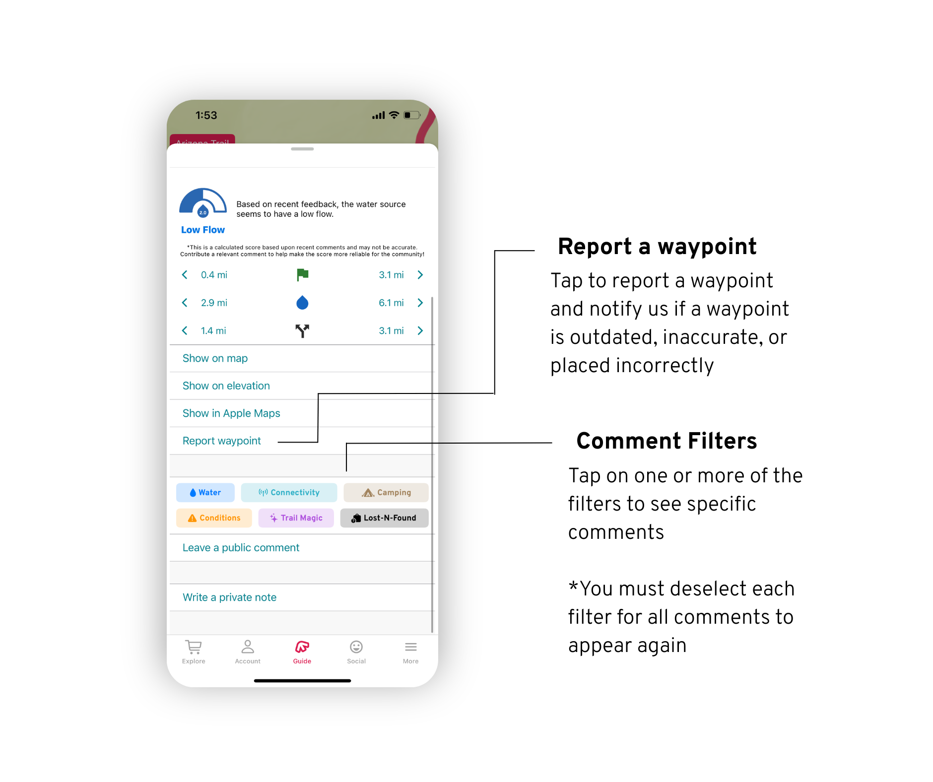 farout-ios-waypoint-reporting FarOut screenshot of comment filtering feature and waypoint reporting feature