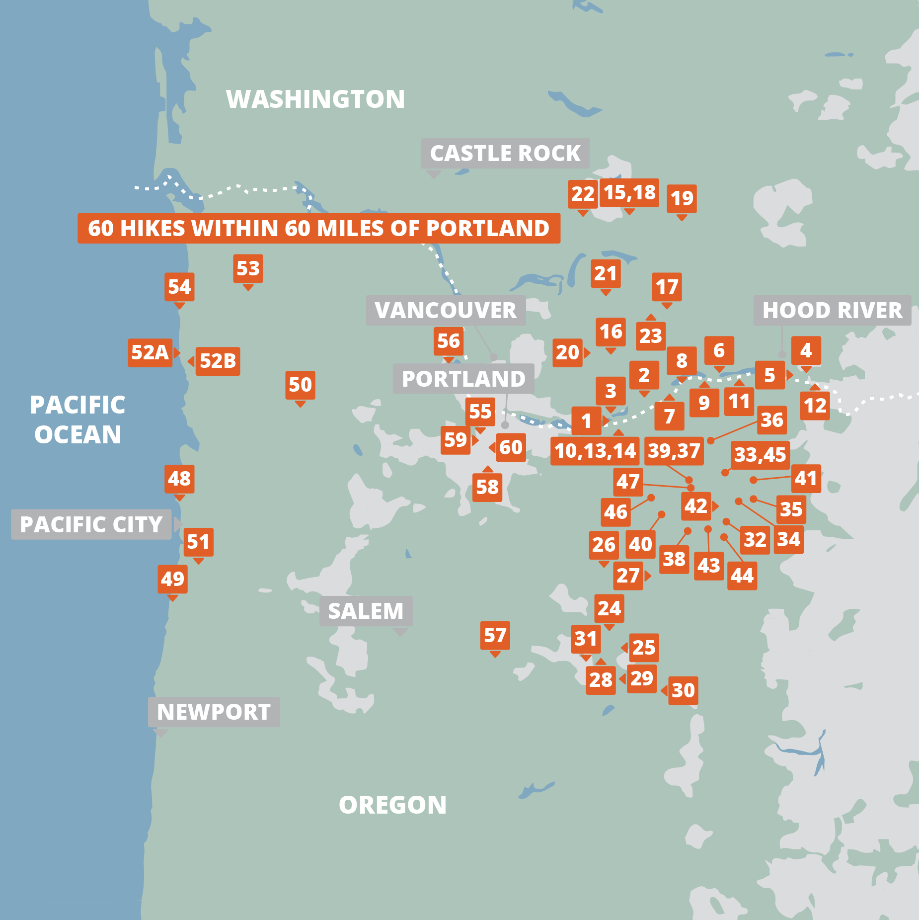 60 Hikes Within 60 Miles of Portland FarOut map - square version