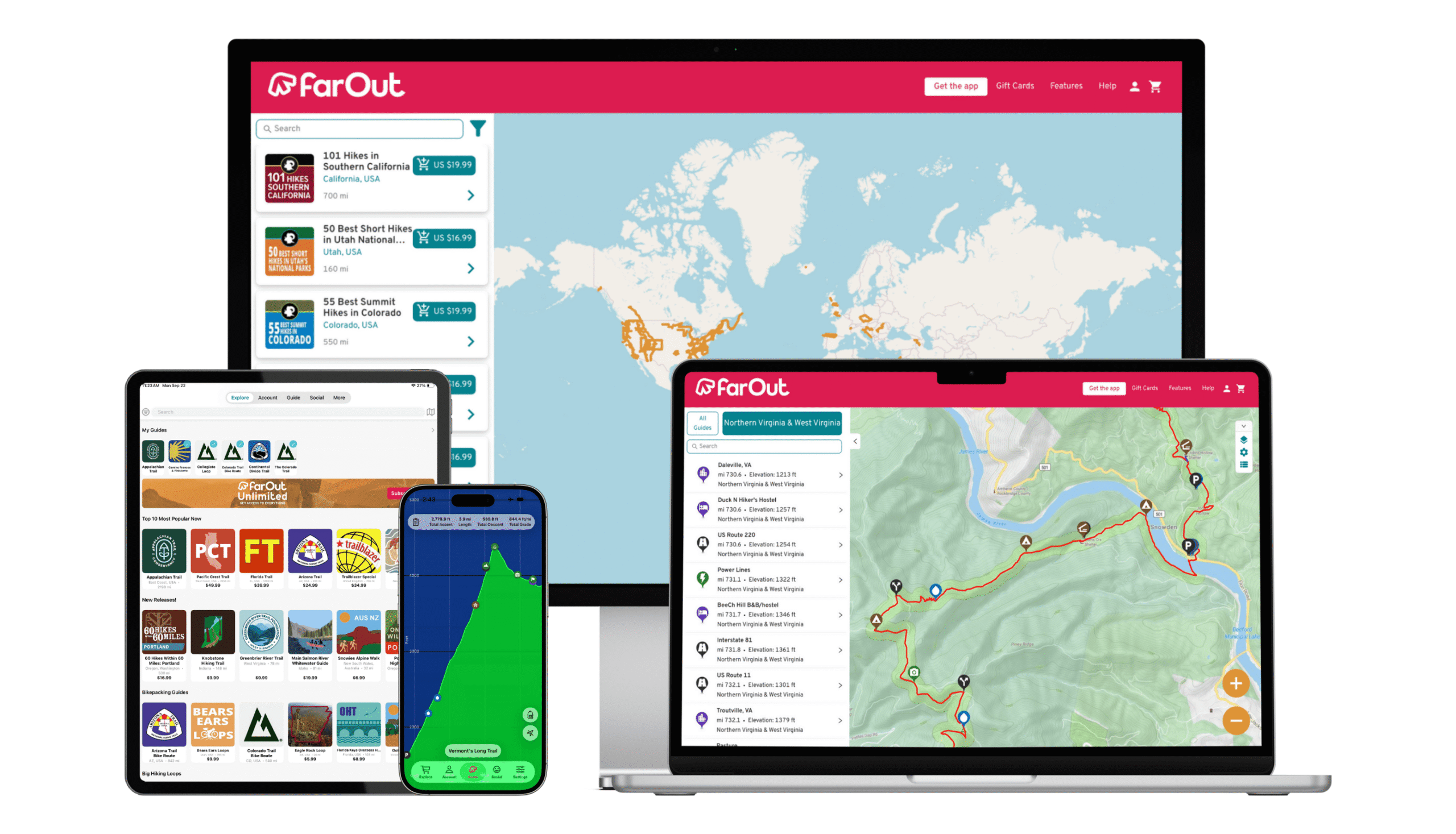 a computer, laptop, tablet, and phone with the FarOut app loaded
