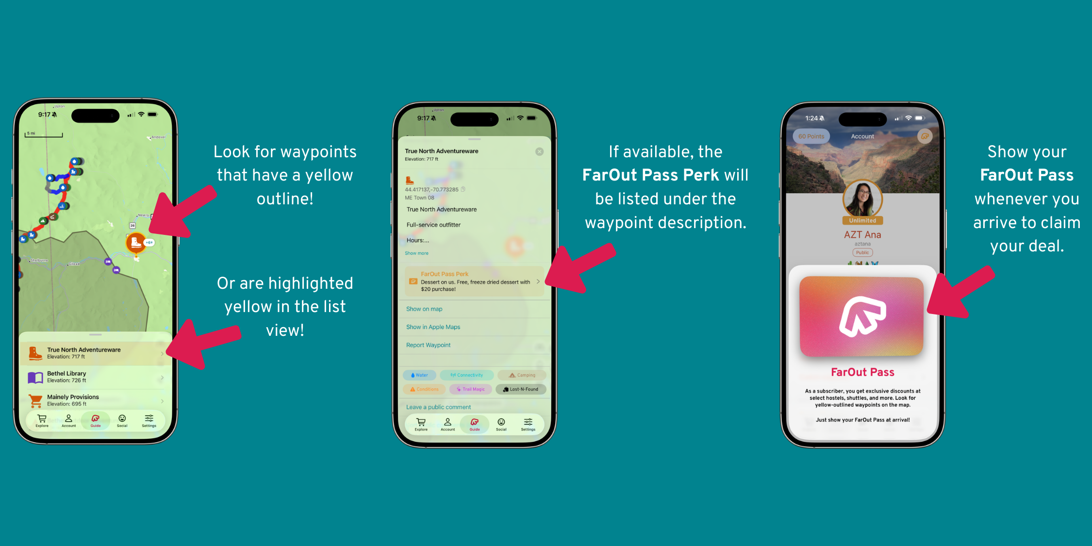 Phone screenshots explaining how the FarOut Pass works