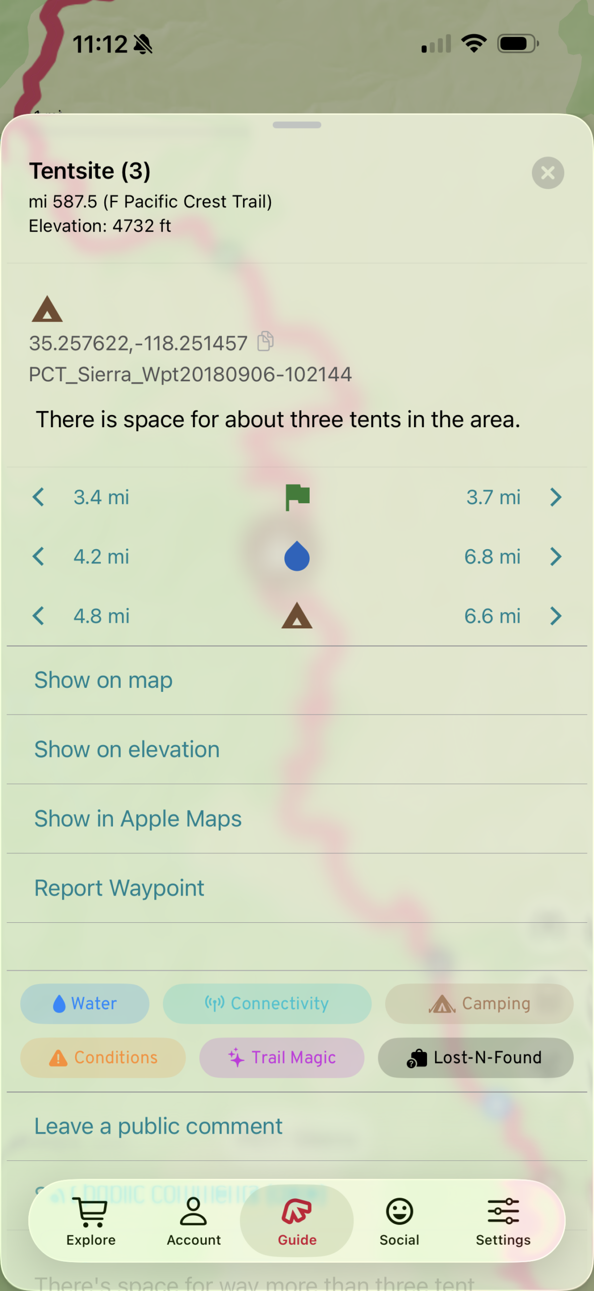 FarOut app screenshot of a tent waypoint