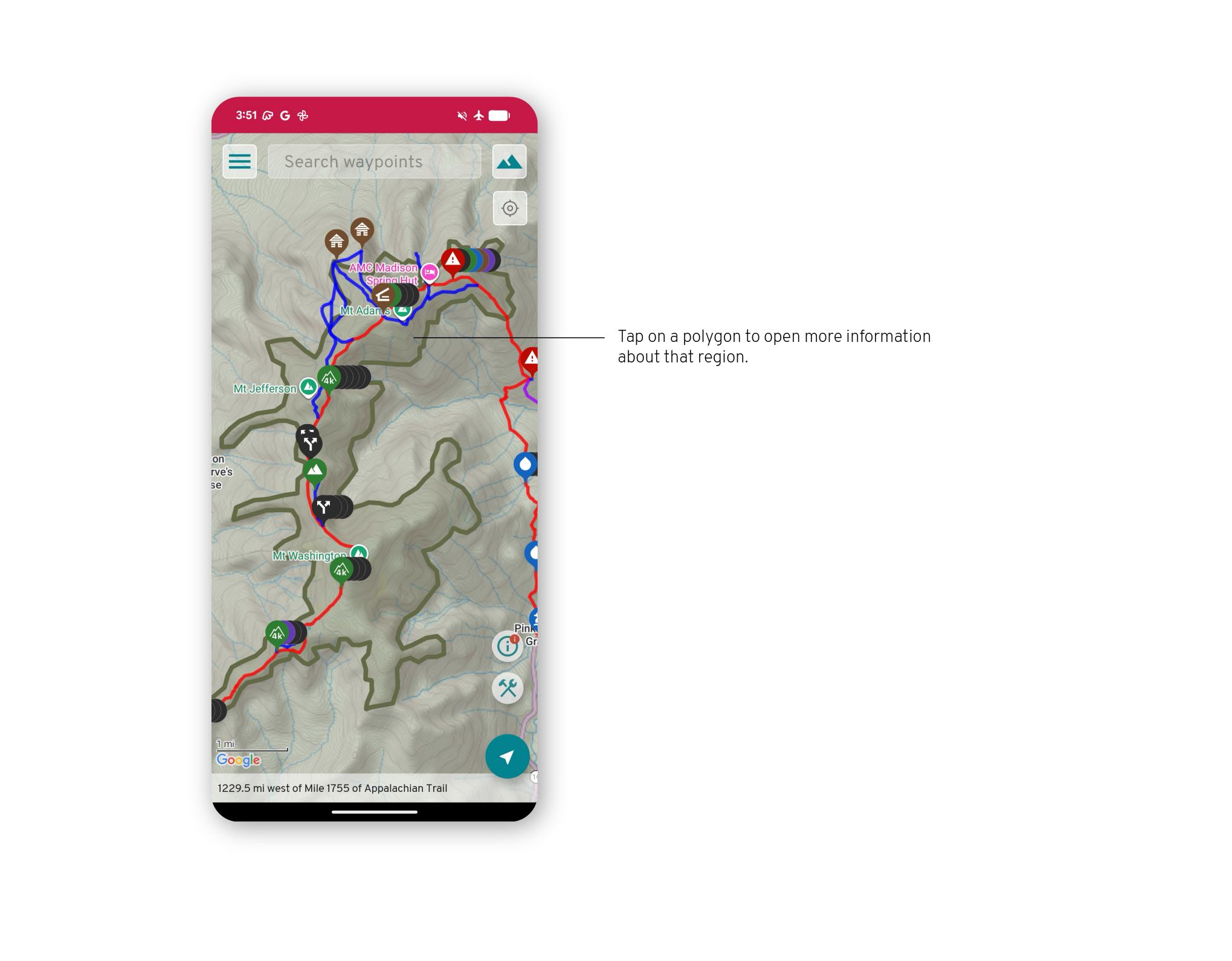 FarOut app Android screenshot of how to for area info on the map