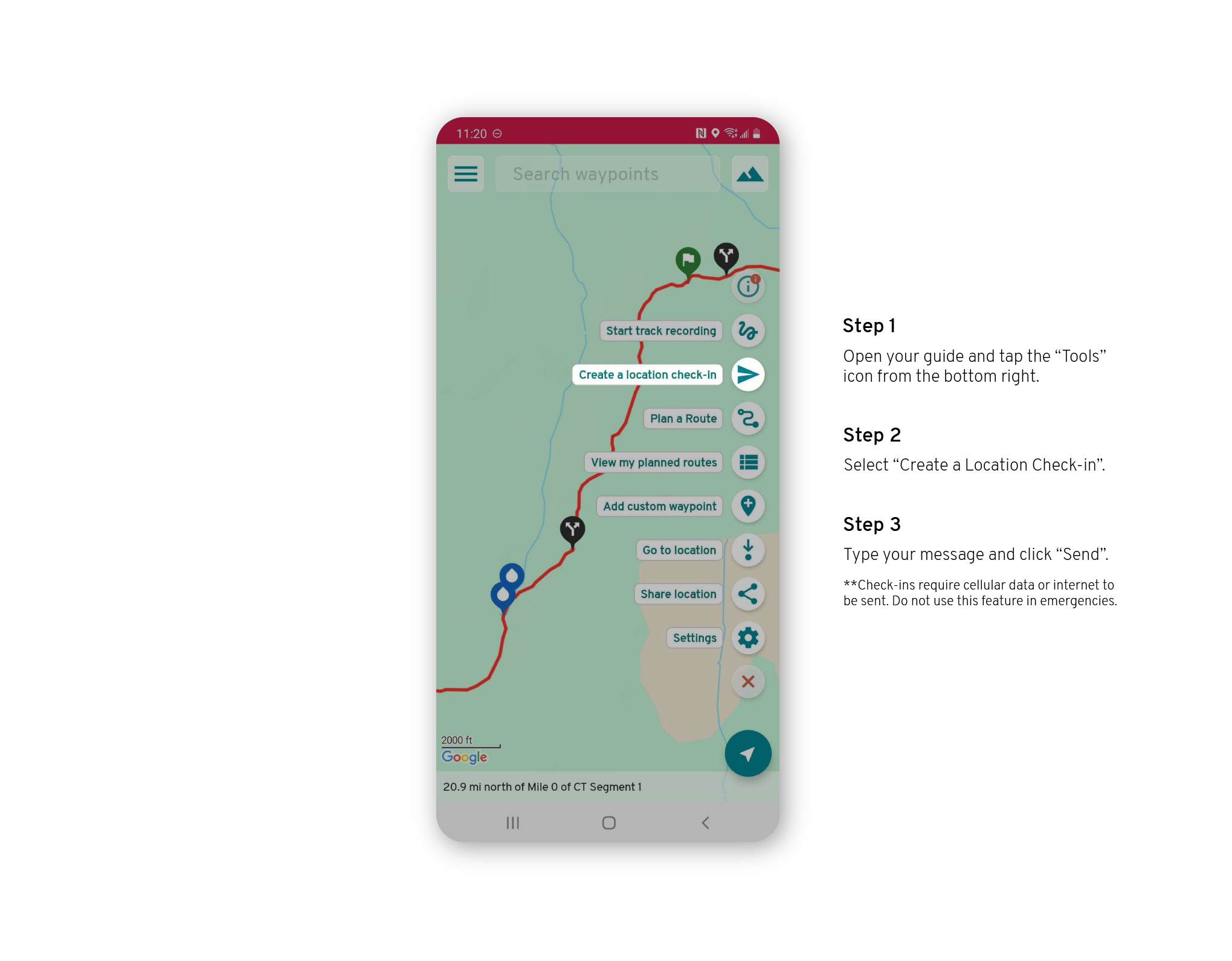 FarOut app Android screenshot of how to send a check-in