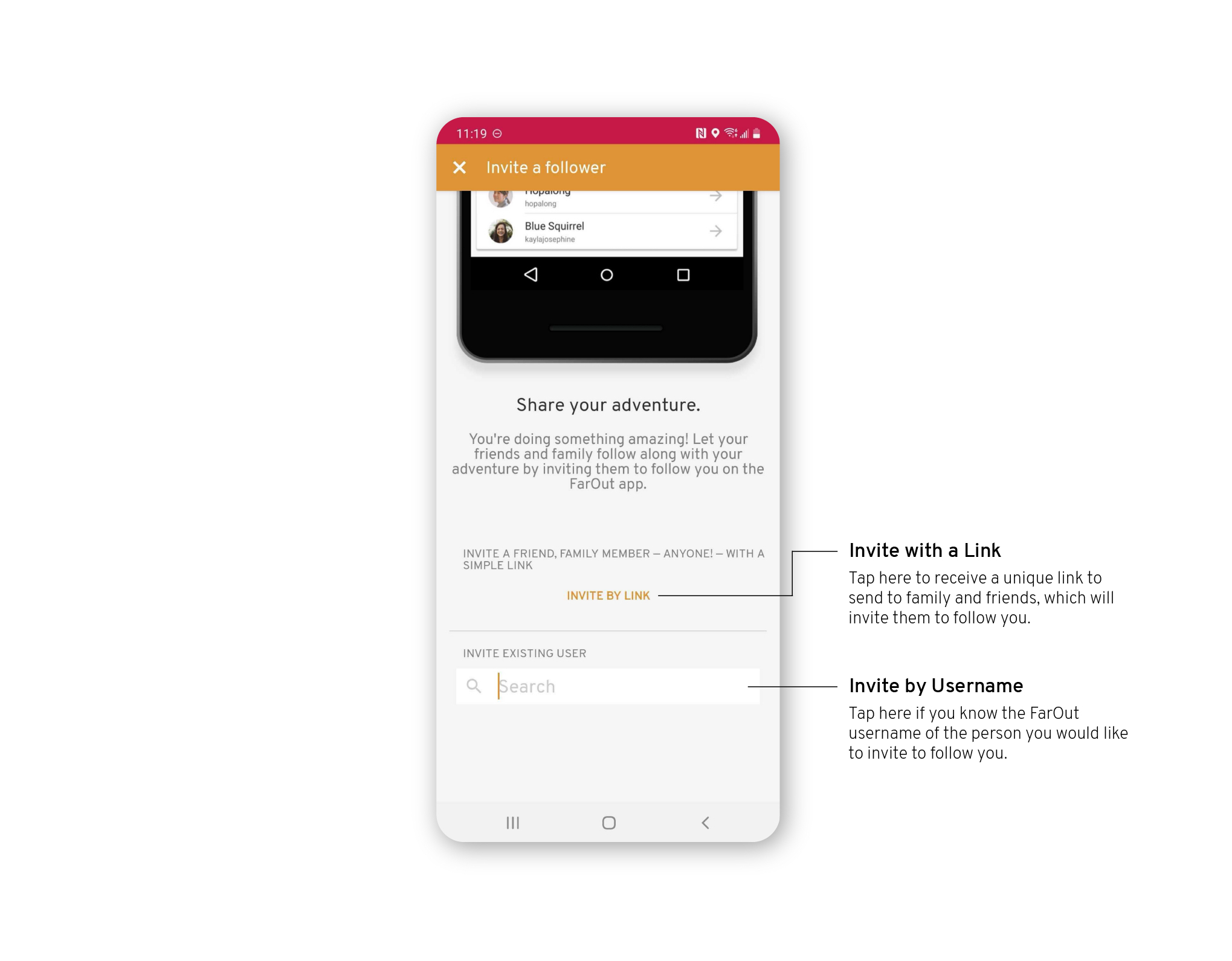 FarOut app Android screenshot of how to for inviting people to check-ins