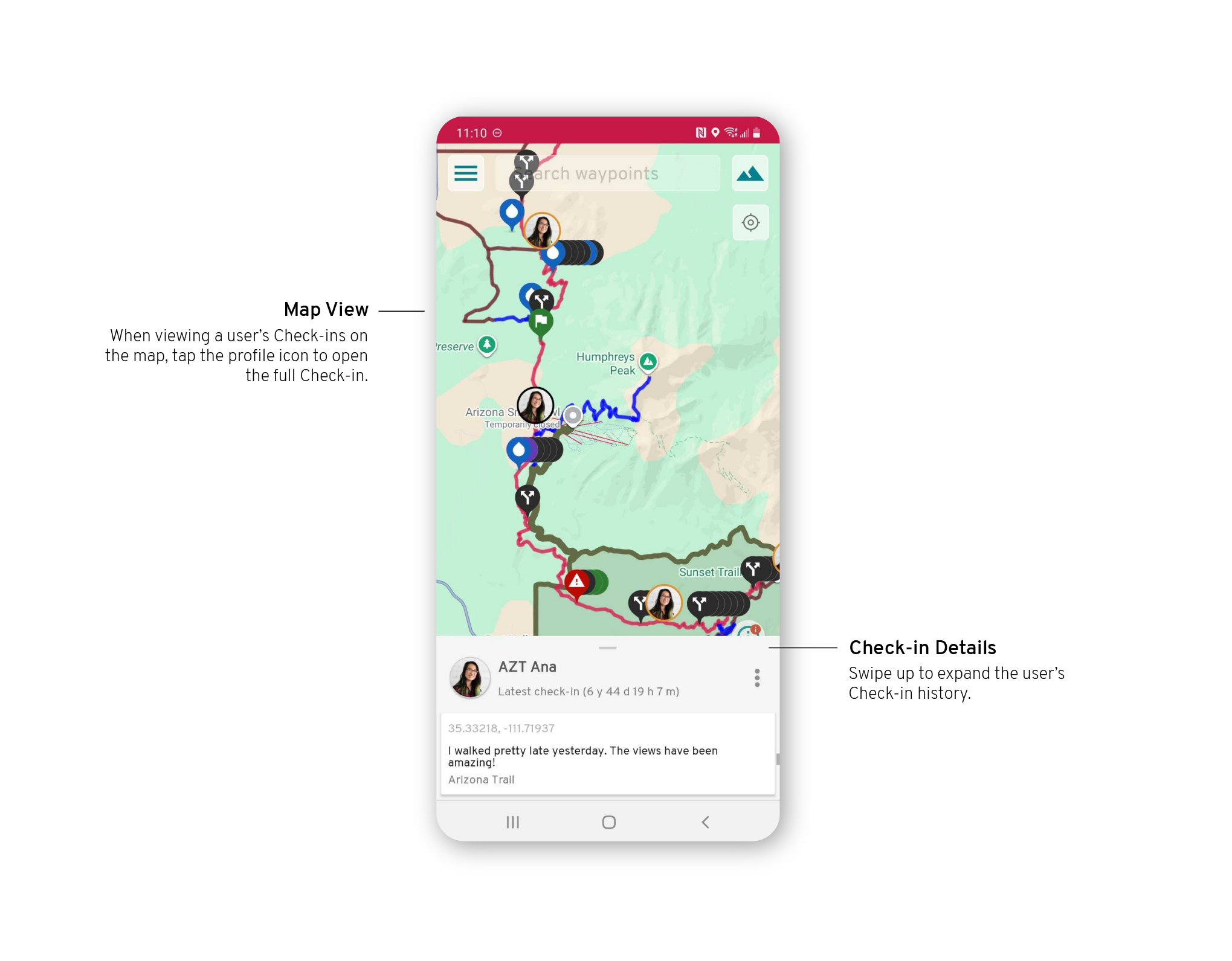 FarOut app Android screenshot of how to view check-ins on the map