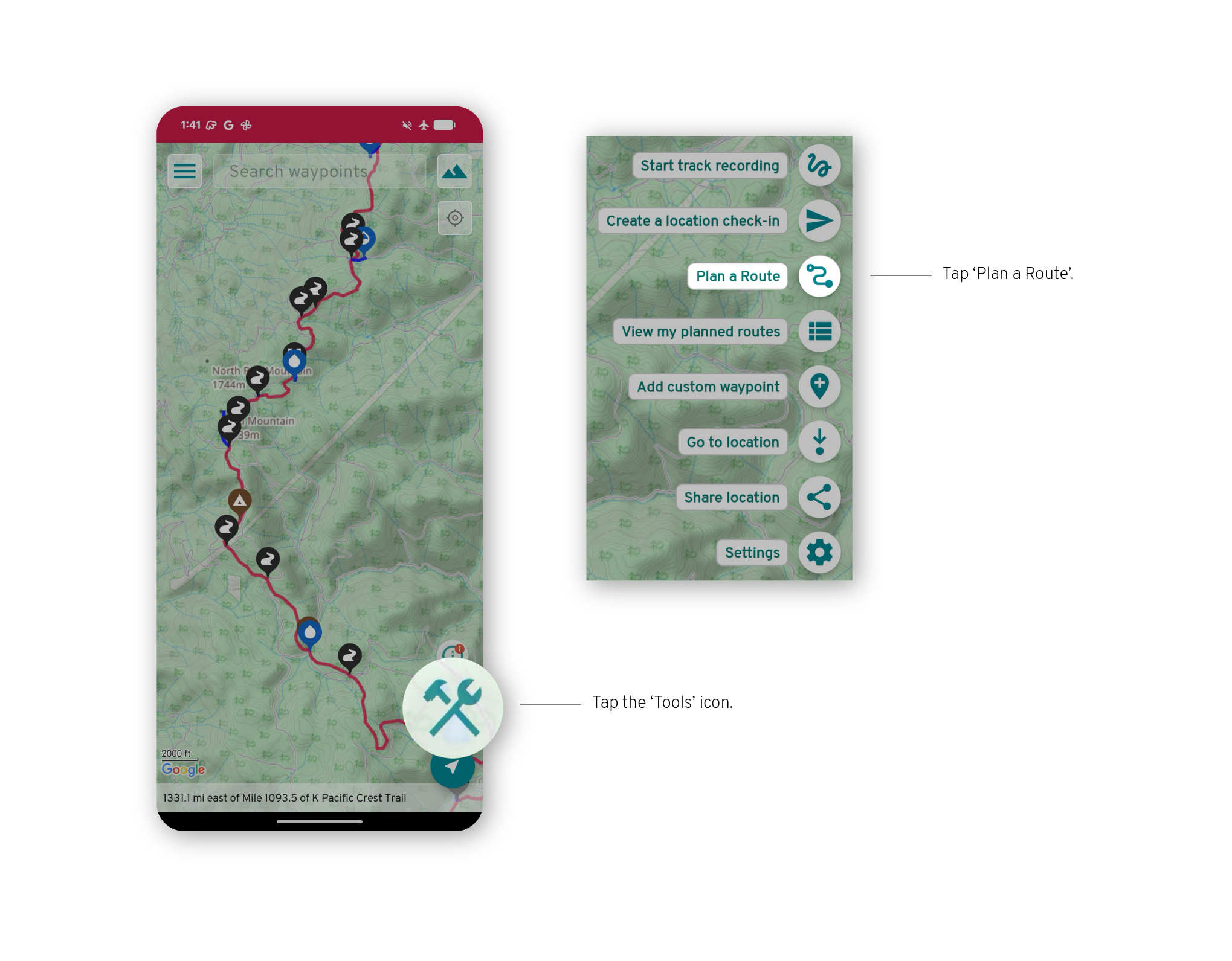 FarOut app Android screenshot of how to create a custom route