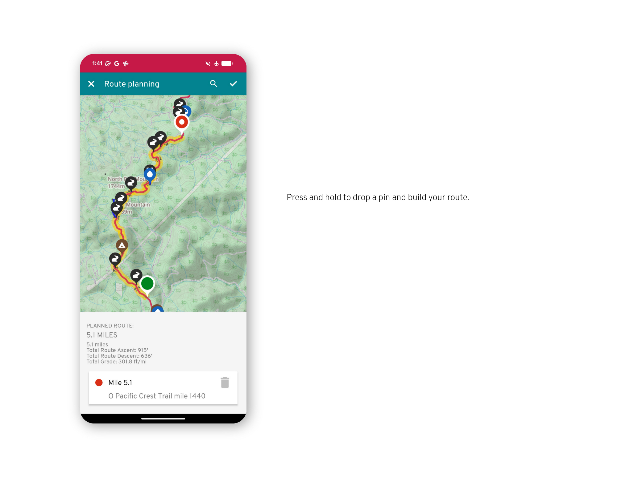 FarOut app Android screenshot of how to create a custom route on the map