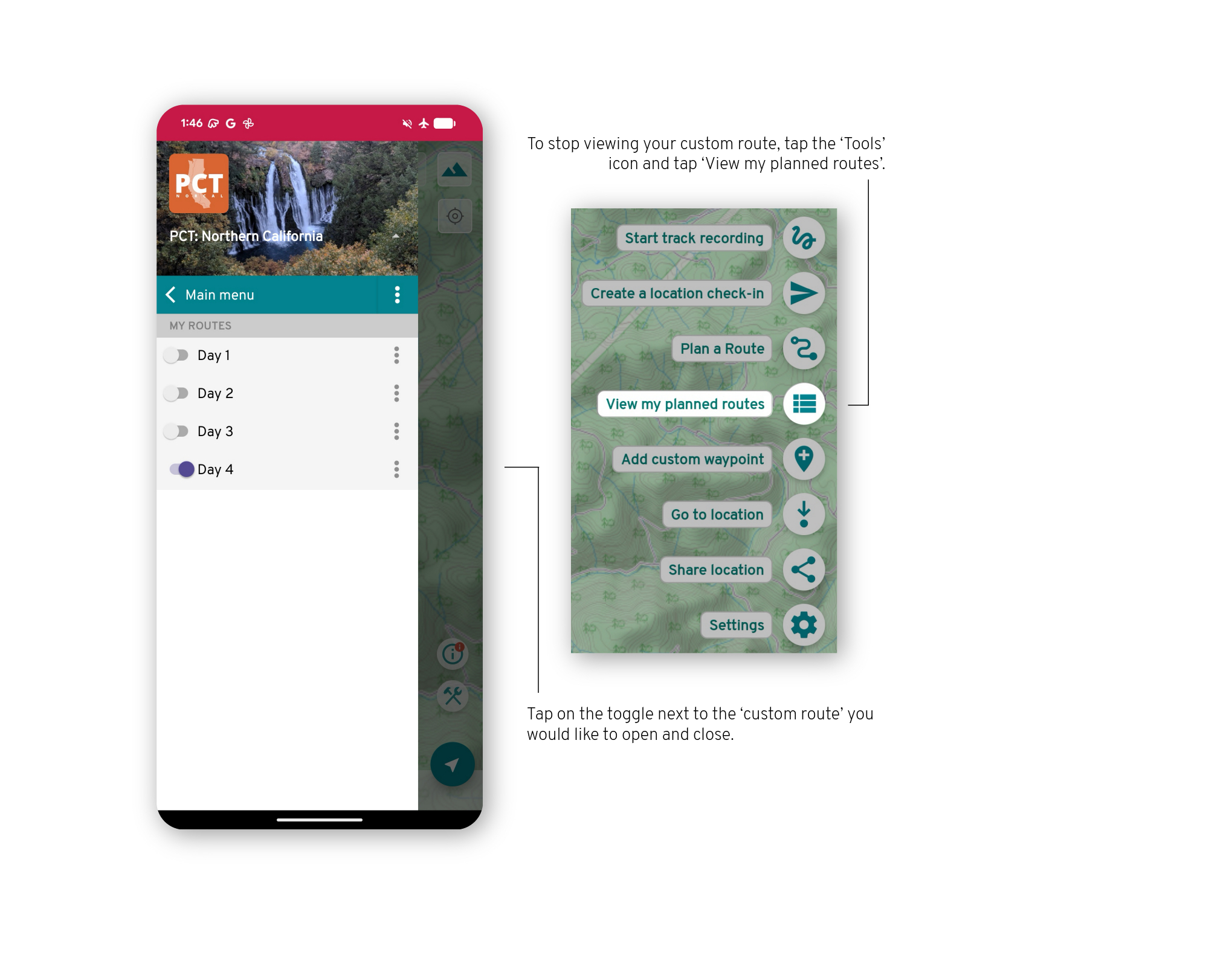 FarOut app Android screenshot of how to create a custom route - manage routes
