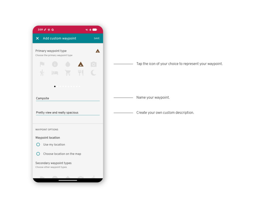FarOut app Android screenshot of how to create a custom waypoint - details