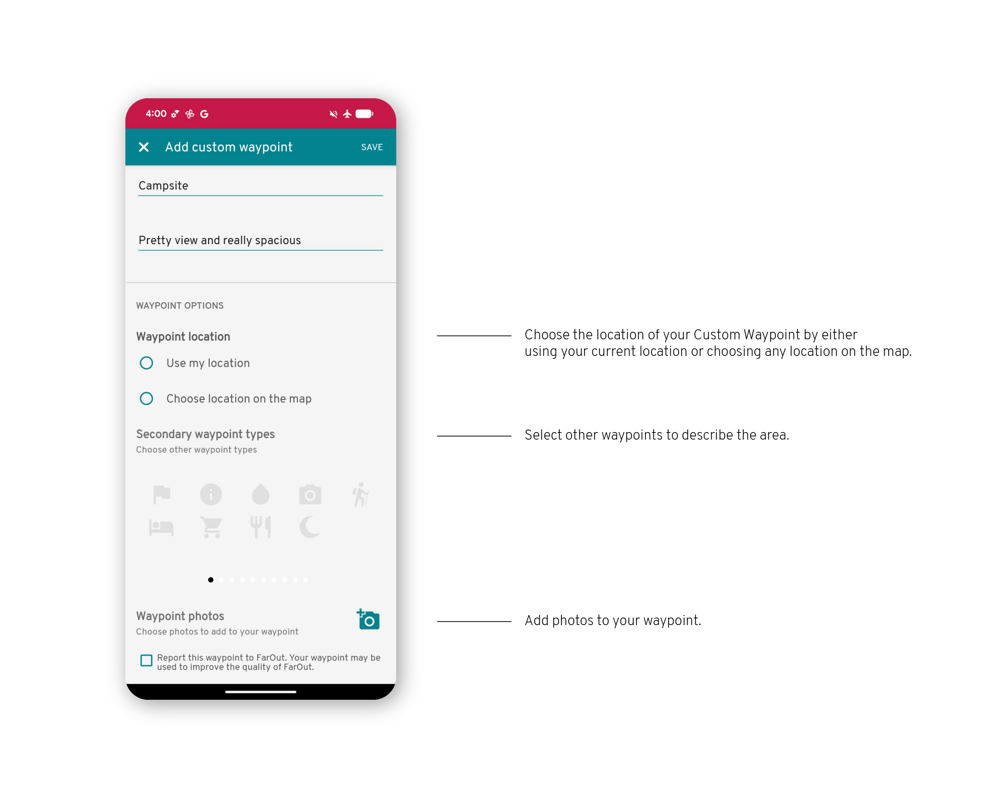 FarOut app Android screenshot of how to create a custom waypoint - more details