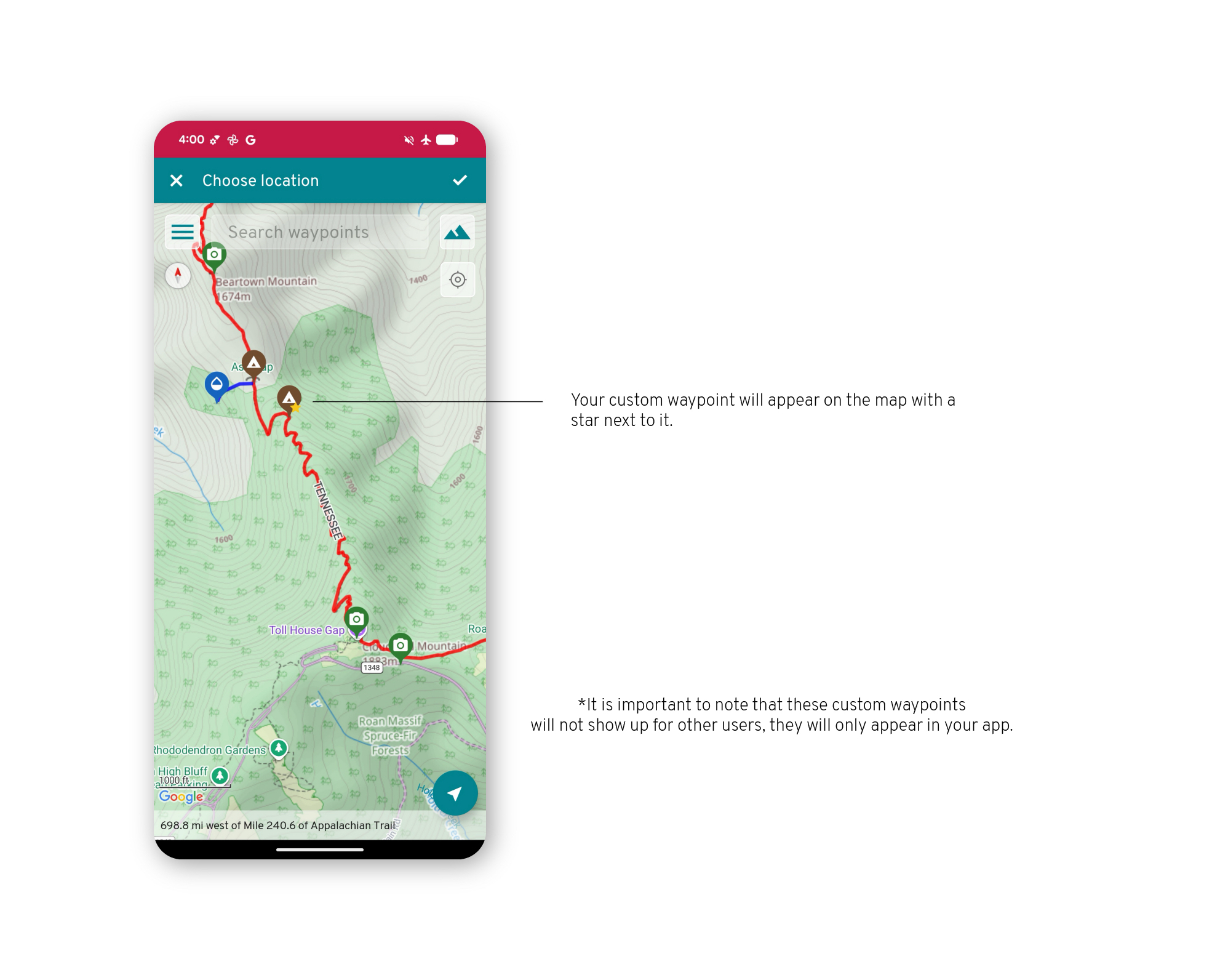FarOut app Android screenshot of how to create a custom waypoint on the map