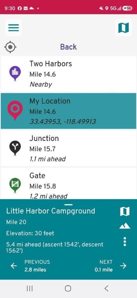 waypoint list of the Trans Catalina Trail in the FarOut app
