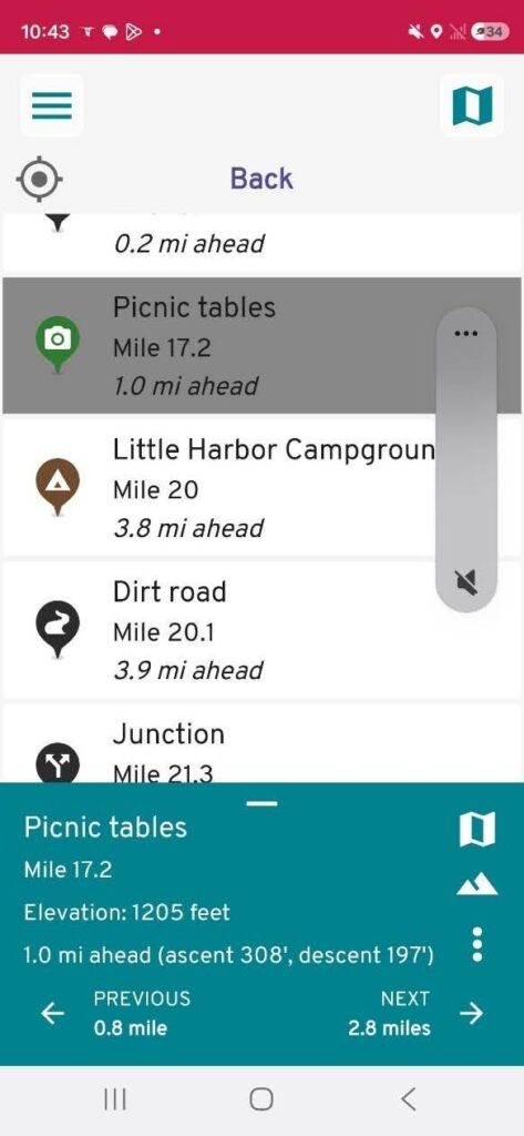waypoint list on the FarOut app of the Trans Catalina Trail guide