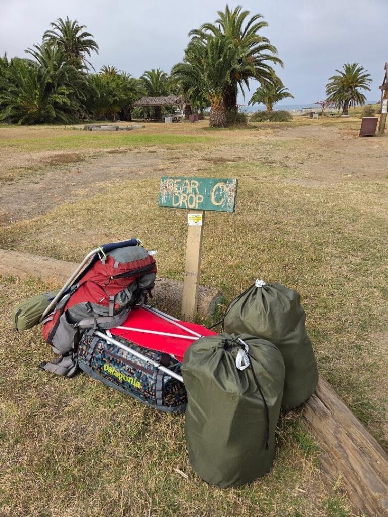 backpacking gear in a pile on the ground on the Trans Catalina Trail