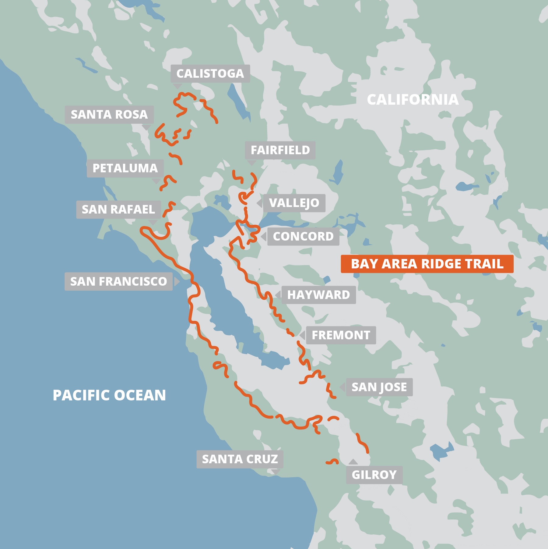 Bay Area Ridge Trail map - square Bay Area Ridge Trail FarOut map - square
