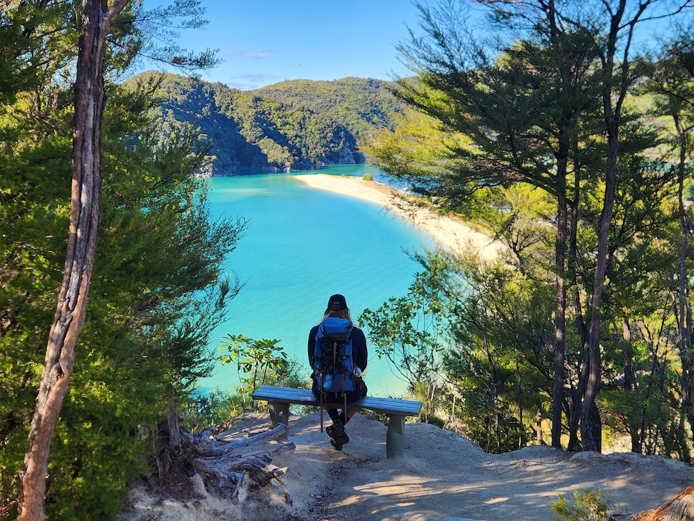 abel-tasman-coast-track a hiker sitting on a bench overlooking the ocean