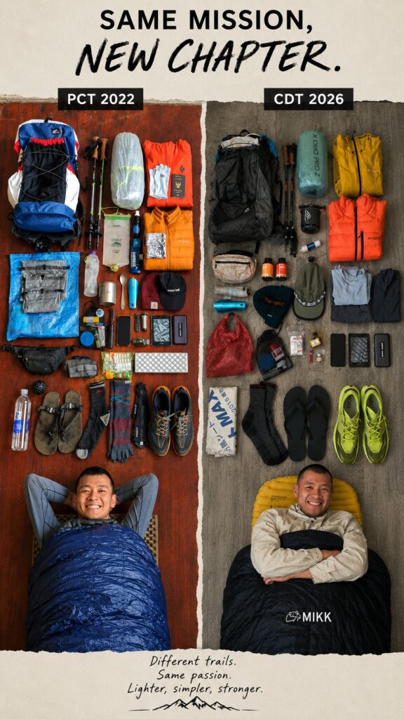 a thru-hiker's gear layout from 2022 vs 2026