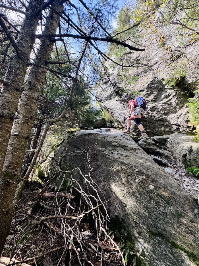 hiker_climbing a hiker climbing up a steep rock with trees close by