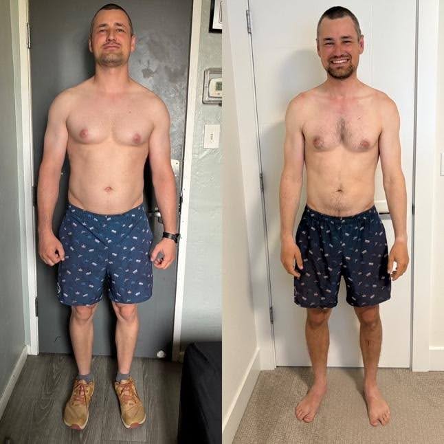 a before and after photo of a male who hiked the pacific crest trail
